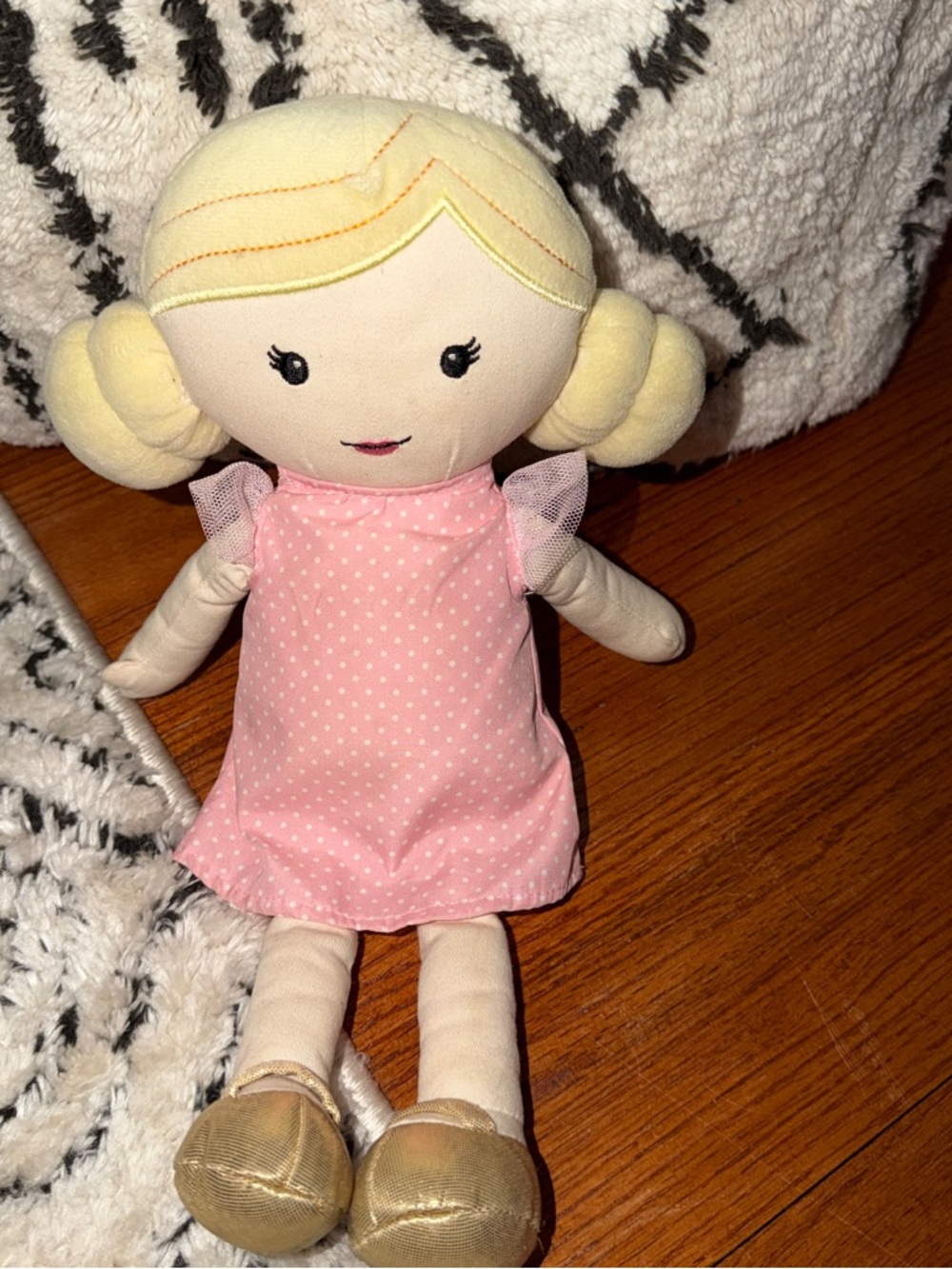 Linzy Toys Plush Doll Pink Polka Dot Dress Soft Stuffed Baby Doll Blonde Hair